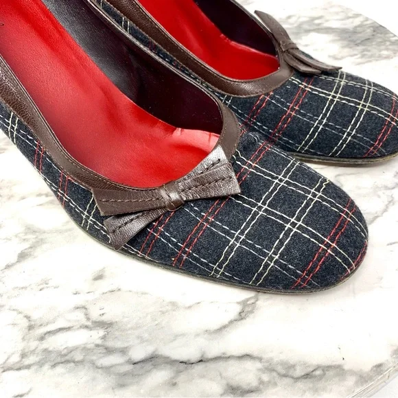Isabella Fiori Tweed Wool Plaid Dainty Bow Pumps 10 Academia Retro Classic Fall - Picture 12 of 13